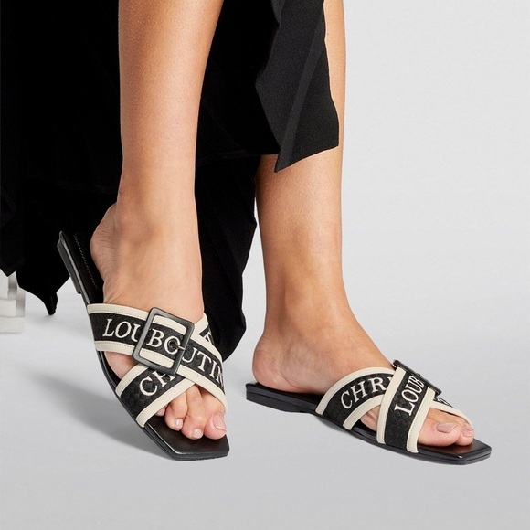 Christian Louboutin Black white leather criss cross Logo Crossimule slides EU 40 - Picture 1 of 12